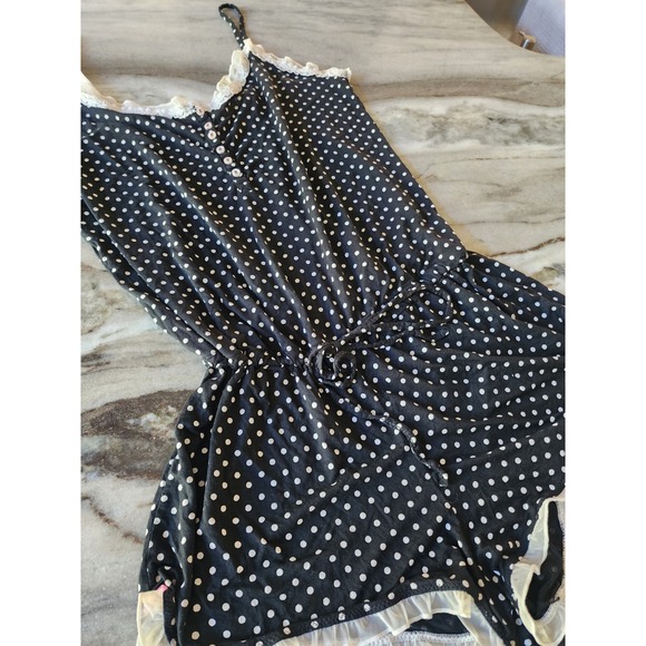 Y2K Victoria's Secret Polka Dot Romper M Black Lace Trim Sleepwear Lingerie - Picture 3 of 9